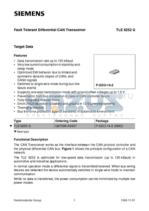 TLE6252G datasheet - Fault Tolerant Differential CAN Transceiver