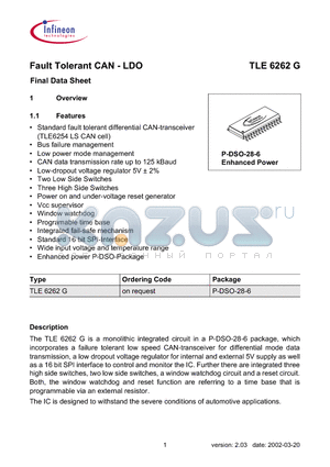 TLE6262G datasheet - Fault Tolerant CAN - LDO