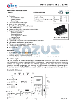 TLE7230R datasheet - Smart Octal Low-Side Switch Features Low Quiescent Current< 10lA