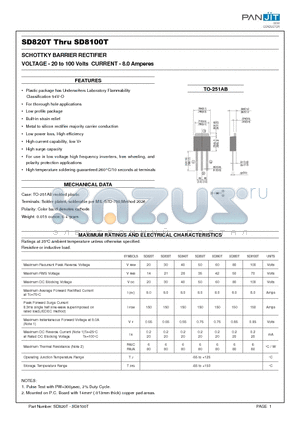 SD820T datasheet - SCHOTTKY BARRIER RECTIFIER(VOLTAGE - 20 to 100 Volts CURRENT - 8.0 Amperes)