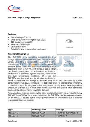 TLE7274D datasheet - 5-V Low Drop Voltage Regulator