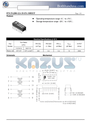 TA200-12A datasheet - 10 BASE-T ETHERNET ISO TRANSFORMER