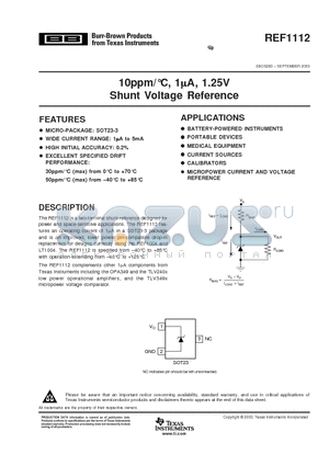 REF1112 datasheet - 10ppm/C, 1UA, 1.25V Shunt Voltage Reference