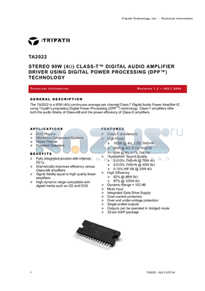 TA2022 datasheet - STEREO 90W (4) CLASS-T DIGITAL AUDIO AMPLIFIER DRIVER USING DIGITAL POWER PROCESSING (DPP) TECHNOLOGY