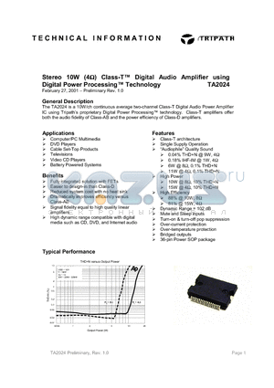 TA2024 datasheet - Stereo 10W (4) Class-T Digital Audio Amplifier using Digital Power Processing Technology