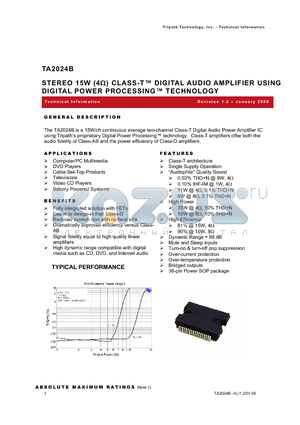 TA2024B datasheet - STEREO 15W (4) CLASS-T DIGITAL AUDIO AMPLIFIER USING DIGITAL POWER PROCESSING TECHNOLOGY