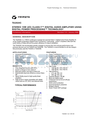TA2024C datasheet - STEREO 15W (4) CLASS-T DIGITAL AUDIO AMPLIFIER USING DIGITAL POWER PROCESSING TECHNOLOGY