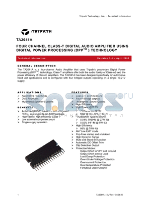 TA2041A datasheet - FOUR CHANNEL CLASS-T DIGITAL AUDIO AMPLIFIER USING DIGITAL POWER PROCESSING (DPPTM ) TECHNOLOGY