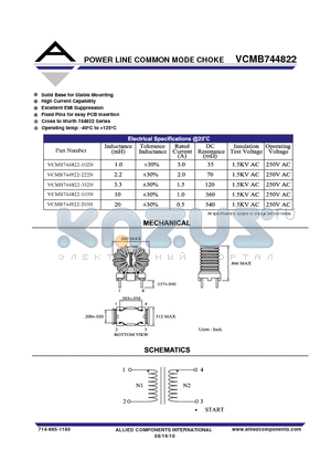 VCMB744822-102N datasheet - POWER LINE COMMON MODE CHOKE