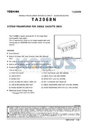 TA2068N datasheet - SYSTEM PREAMPLIFIER FOR SINGLE CASSETTE DECK