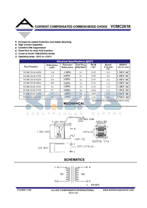 VCMC2618-182N datasheet - CURRENT COMPENSATED COMMON MODE CHOKE