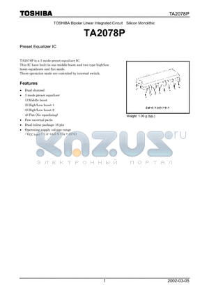 TA2078P datasheet - Bipolar Linear Integrated Circuit Silicon Monolithic Preset Equalizer IC