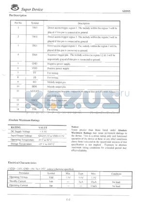 SD995 datasheet - DUAL TONE MELODY GENERATOR