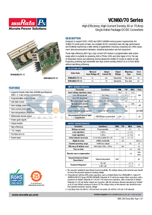 VCN70BADJTU-1C datasheet - High Efficiency, High Current Density, 60 or 70 Amp Single Inline Package DC/DC Converters