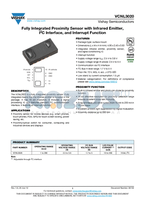 VCNL3020 datasheet - Fully Integrated Proximity Sensor with Infrared Emitter, I2C Interface, and Interrupt Function