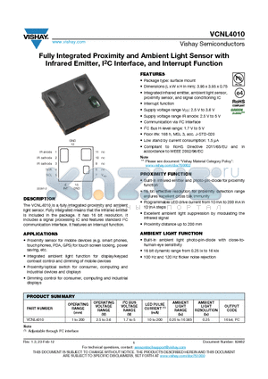 VCNL4010 datasheet - Fully Integrated Proximity and Ambient Light Sensor with Infrared Emitter, I2C Interface, and Interrupt Function