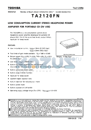 TA2120FN datasheet - LOW CONSUMPTION CURRENT STEREO GEADPHONE POWER AMPLIFIER FOR PORTABLE CD (3V USE)