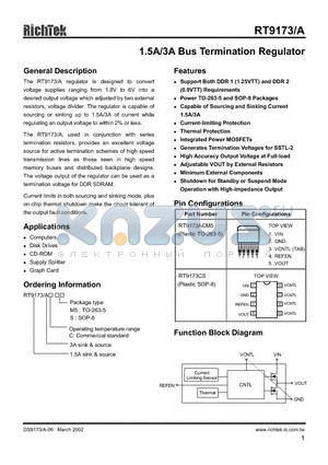 RT9173 datasheet - 1.5A/3A Bus Termination Regulator