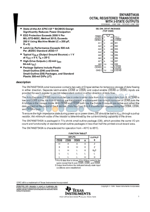 SN74ABT543ANT datasheet - OCTAL REGISTERED TRANSCEIVER WITH 3-STATE OUTPUTS