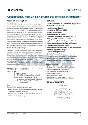 RT9173D datasheet - Cost-Effective, Peak 3A Sink/Source Bus Termination Regulator