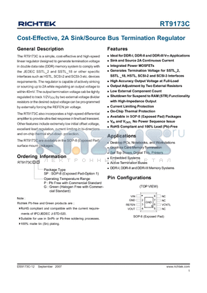 RT9173CGSP datasheet - Cost-Effective, 2A Sink/Source Bus Termination Regulator