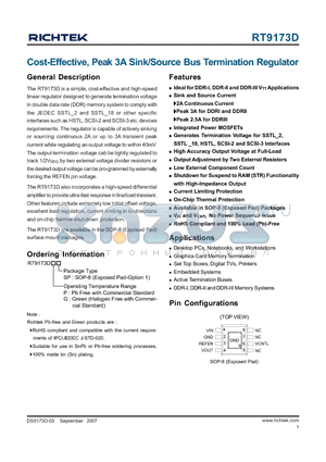 RT9173DGSP datasheet - Cost-Effective, Peak 3A Sink/Source Bus Termination Regulator