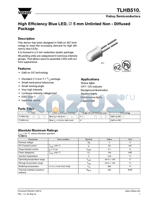 TLHB510. datasheet - High Efficiency Blue LED, 5 mm Untinted Non - Diffused Package