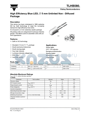 TLHB580. datasheet - High Efficiency Blue LED, 5 mm Untinted Non - Diffused Package