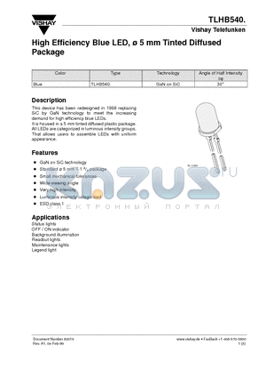 TLHB5401 datasheet - High Efficiency Blue LED, 5 mm Tinted Diffused Package