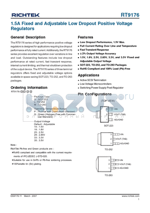 RT9176-18GG datasheet - 1.5A Fixed and Adjustable Low Dropout Positive Voltage Regulators