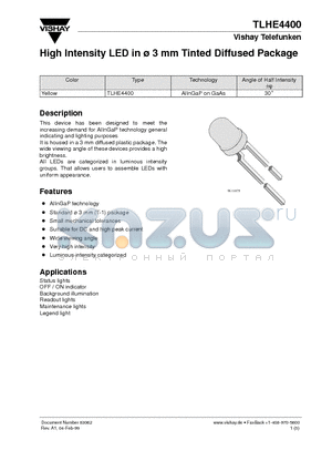 TLHE4400 datasheet - High Intensity LED in 3 mm Tinted Diffused Package