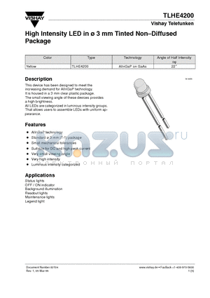 TLHE4200 datasheet - High Intensity LED in 3 mm Tinted Non.Diffused Package