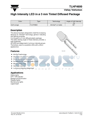 TLHF4600 datasheet - High Intensity LED in 3 mm Tinted Diffused Package