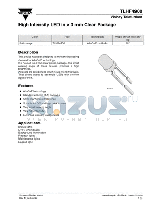 TLHF4900 datasheet - High Intensity LED in 3 mm Clear Package