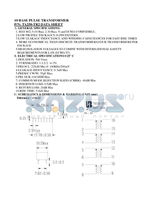 TA250-TR2 datasheet - 10 BASE PULSE TRANSFORMER
