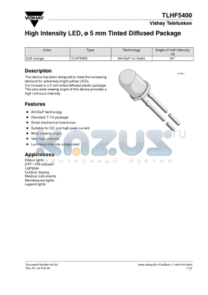 TLHF5400 datasheet - High Intensity LED, 5 mm Tinted Diffused Package