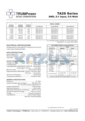 TA2S-5D2405 datasheet - DC/DC CONVERTERS SMD, 2:1 Input, 5-6 Watt