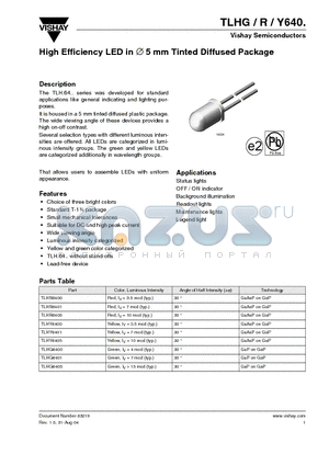 TLHG640 datasheet - High Efficiency LED in 5 mm Tinted Diffused Package