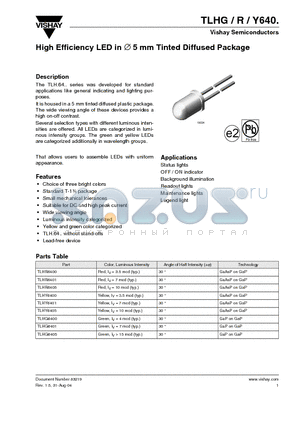 TLHG6400 datasheet - High Efficiency LED in 5 mm Tinted Diffused Package