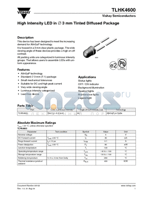 TLHK4600 datasheet - High Intensity LED in ∅ 3 mm Tinted Diffused Package