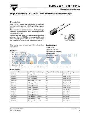 TLHP4400 datasheet - High Efficiency LED in  3 mm Tinted Diffused Package