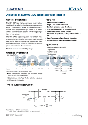 RT9179A datasheet - Adjustable, 500mA LDO Regulator with Enable