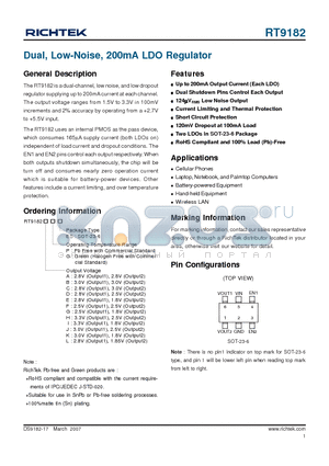 RT9182APES datasheet - Dual, Low-Noise, 200mA LDO Regulator