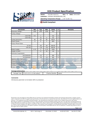 VCO190-1925T datasheet - VCO Product Specification