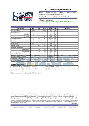 VCO190-2075TY datasheet - VCO Product Specification