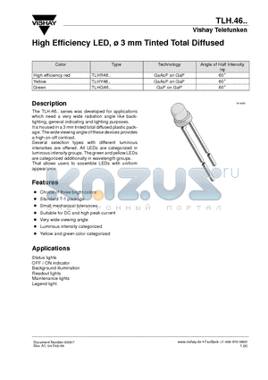 TLHY4605 datasheet - High Efficiency LED, 3 mm Tinted Total Diffused