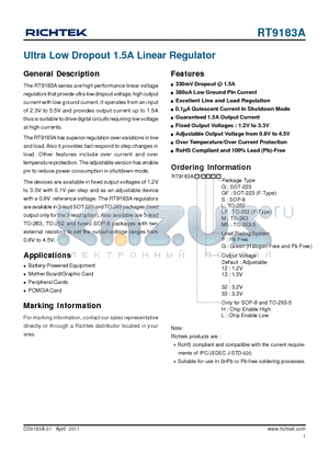 RT9183A datasheet - Ultra Low Dropout 1.5A Linear Regulator