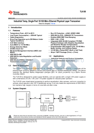 TLK100_11 datasheet - Industrial Temp, Single Port 10/100 Mb/s Ethernet Physical Layer Transceiver
