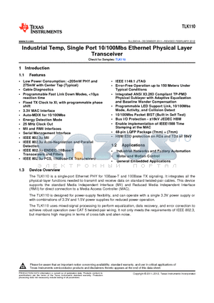 TLK110 datasheet - Industrial Temp, Single Port 10/100Mbs Ethernet Physical Layer