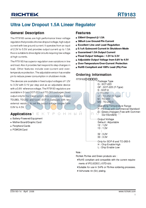 RT9183H-25CM5 datasheet - Ultra Low Dropout 1.5A Linear Regulator